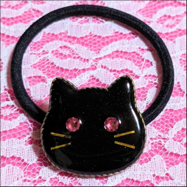 猫レジンヘアゴム(黒猫)/スワロフスキー