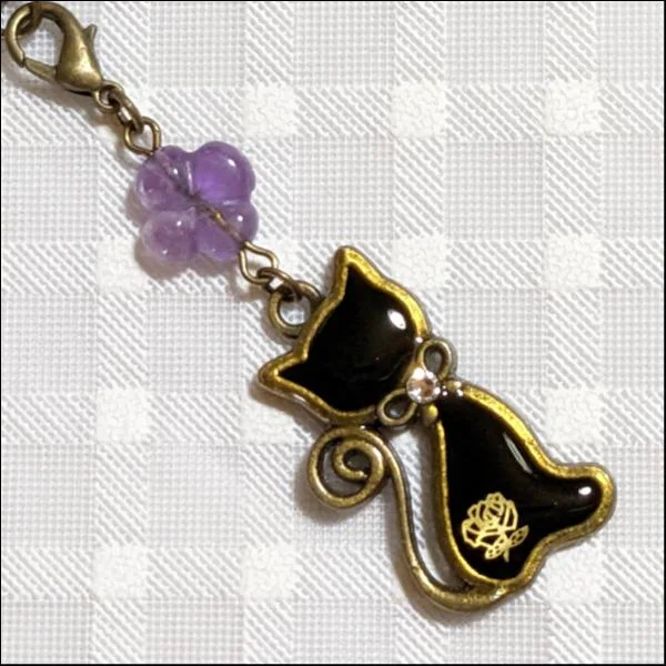 ★限定★猫レジンストラップ(ブラック)/天然石